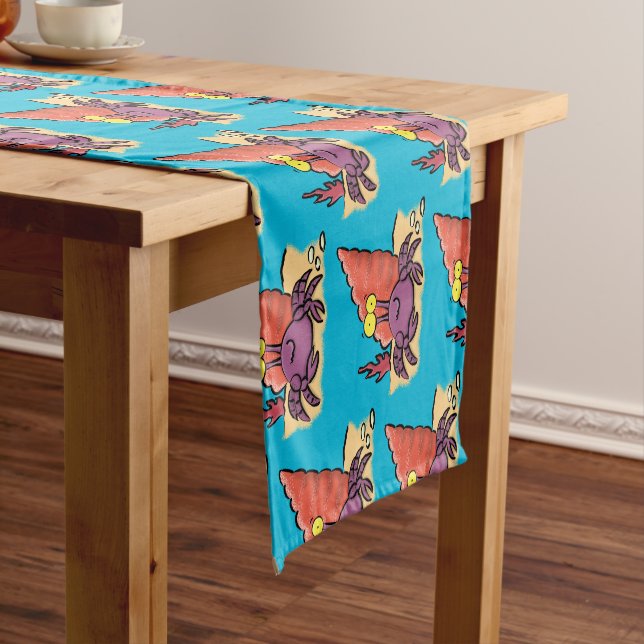 Funny cute purple cartoon hermit crab short table runner (In Situ)