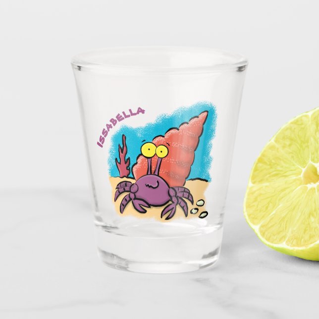 Funny cute purple cartoon hermit crab  shot glass (Front)