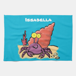 Funny cute purple cartoon hermit crab tea towel