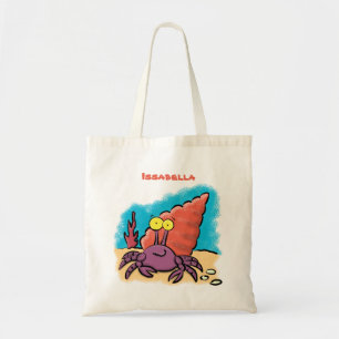 Funny cute purple cartoon hermit crab tote bag