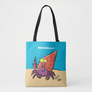 Funny cute purple cartoon hermit crab tote bag