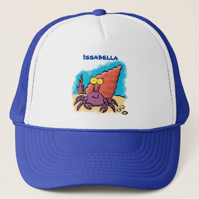 Funny cute purple cartoon hermit crab trucker hat (Front)
