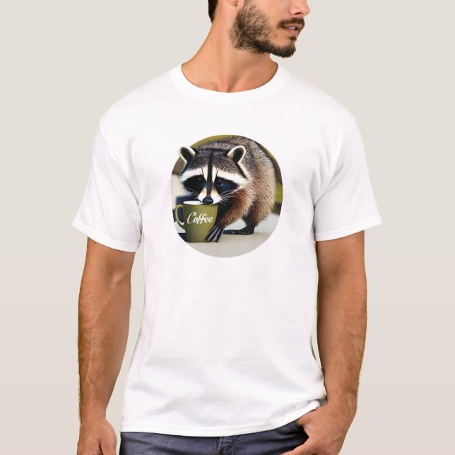 Funny Cute Racoon Drinking Coffee T-Shirt (Front)