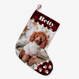 Funny cute red black dog pet photo Christmas plaid Small Christmas Stocking
