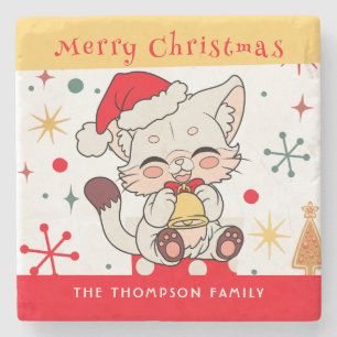 Funny Cute Red Green Monogram Christmas Santa Cat Stone Coaster