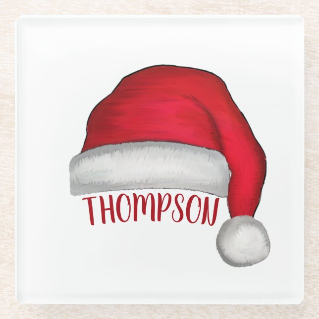 Funny Cute Red Santa Holiday Custom Christmas Glass Coaster (Front)