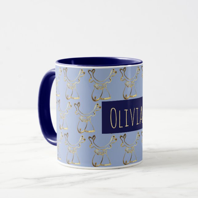Funny Cute Reindeer Pattern Elegant Blue Faux Gold Mug (Front Left)