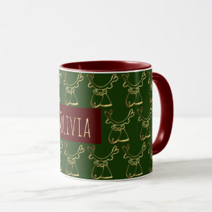 Funny Cute Reindeer Pattern Maroon Green Faux Gold Mug