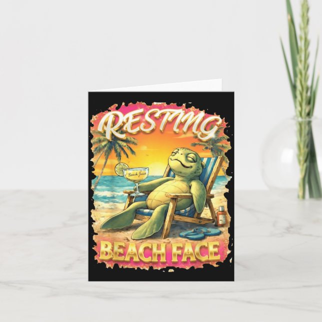 Funny Cute Resting Beach Face Sea Turtle Card (Front)