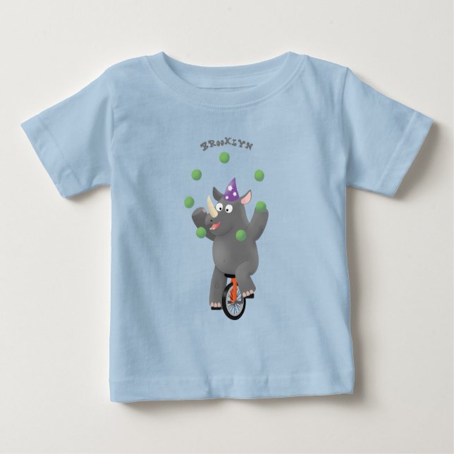 Funny cute rhino juggling on unicycle baby T-Shirt (Front)