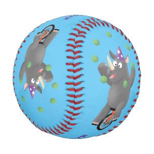 Funny cute rhino juggling on unicycle baseball