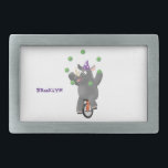 Funny cute rhino juggling on unicycle belt buckle<br><div class="desc">This funny rhino is juggling balls and riding a unicycle in happy cartoon illustration style.</div>