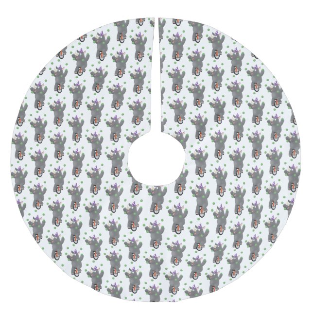 Funny cute rhino juggling on unicycle brushed polyester tree skirt (Front)