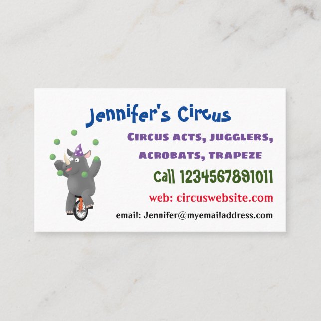 Funny cute rhino juggling on unicycle business card (Front)