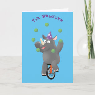 Funny cute rhino juggling on unicycle card