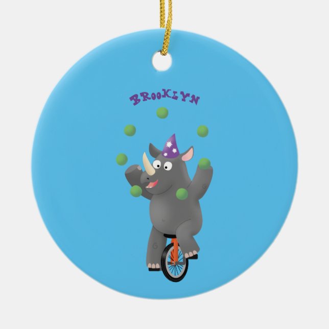 Funny cute rhino juggling on unicycle ceramic ornament (Front)