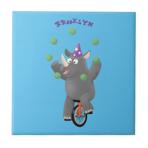 Funny cute rhino juggling on unicycle ceramic tile