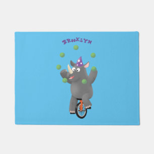 Funny cute rhino juggling on unicycle doormat