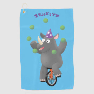 Funny cute rhino juggling on unicycle golf towel