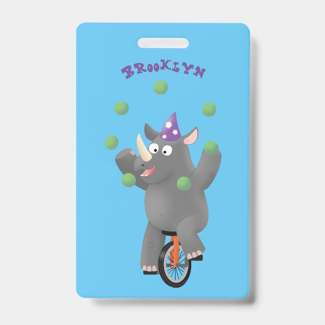 Funny cute rhino juggling on unicycle ID badge (Front)
