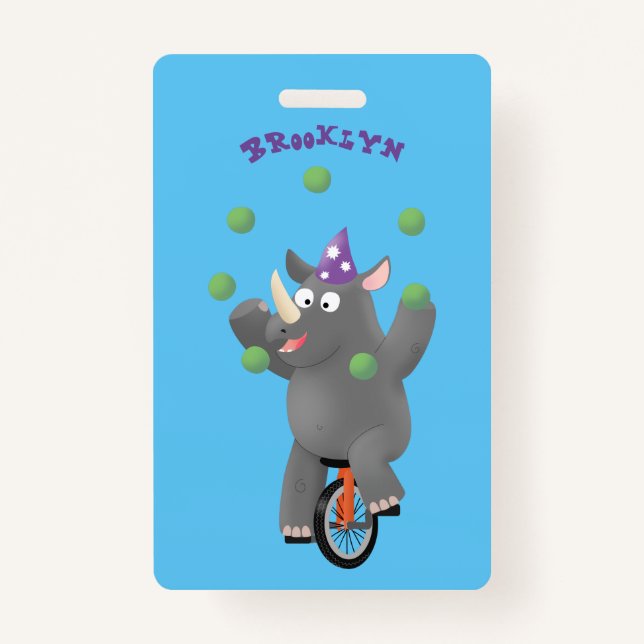 Funny cute rhino juggling on unicycle ID badge (Front)