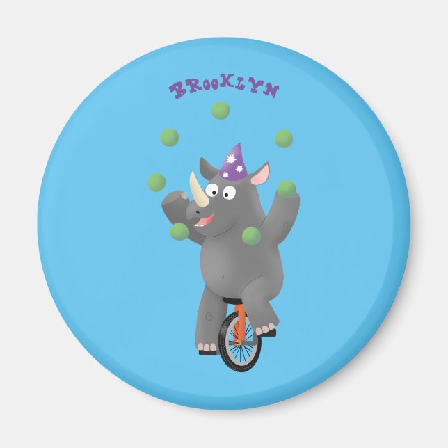 Funny cute rhino juggling on unicycle magnet (Front)