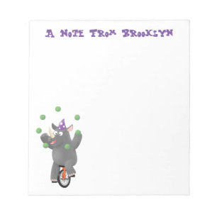 Funny cute rhino juggling on unicycle notepad
