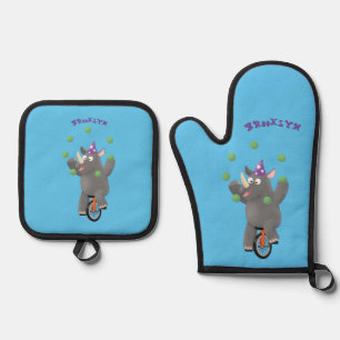 Funny cute rhino juggling on unicycle oven mitt & pot holder set