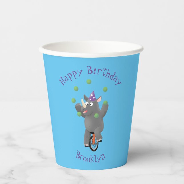Funny cute rhino juggling on unicycle paper cups (Front)