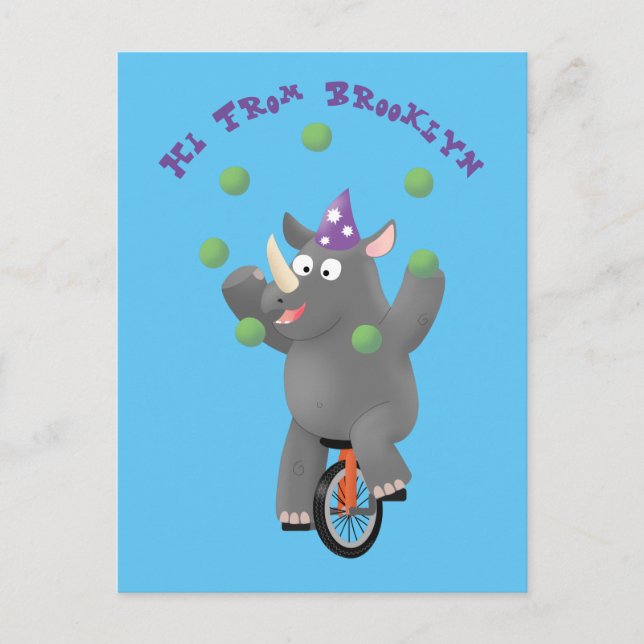 Funny cute rhino juggling on unicycle  postcard (Front)