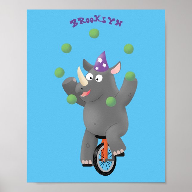 Funny cute rhino juggling on unicycle poster (Front)