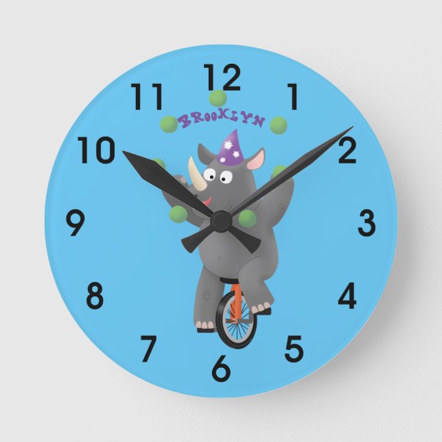 Funny cute rhino juggling on unicycle round clock (Front)