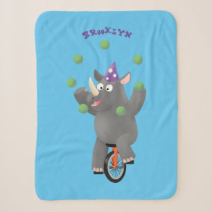 Funny cute rhino juggling on unicycle sherpa blanket