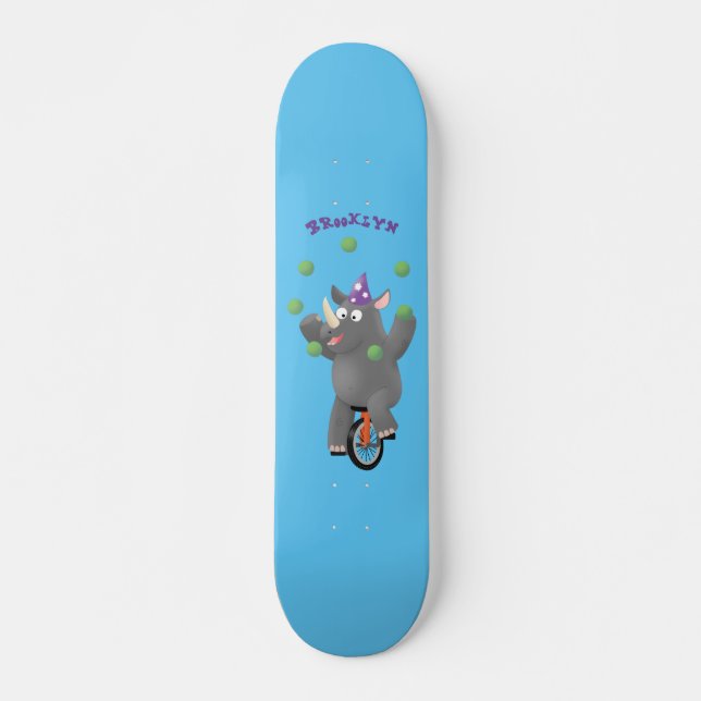 Funny cute rhino juggling on unicycle skateboard (Front)