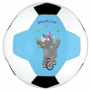 Funny cute rhino juggling on unicycle soccer ball