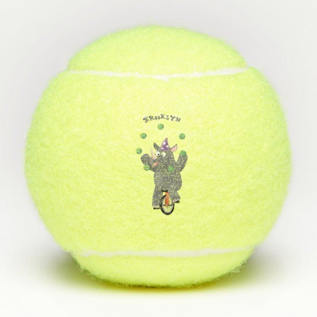 Funny cute rhino juggling on unicycle tennis balls (Front)
