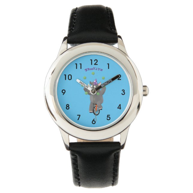 Funny cute rhino juggling on unicycle watch (Front)