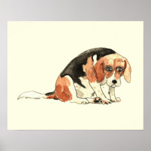 Funny Cute Sad Beagle Dog Watercolour Painting Poster