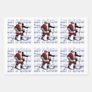 Funny Cute Santa on Skis Let It Snow Quote Wrapping Paper Sheet