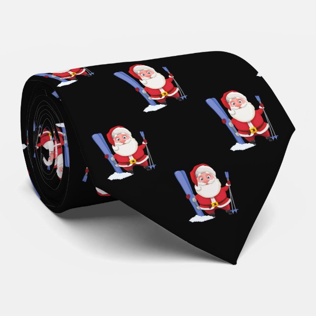 Funny Cute Santa Skiing Christmas Black Tie (Rolled)