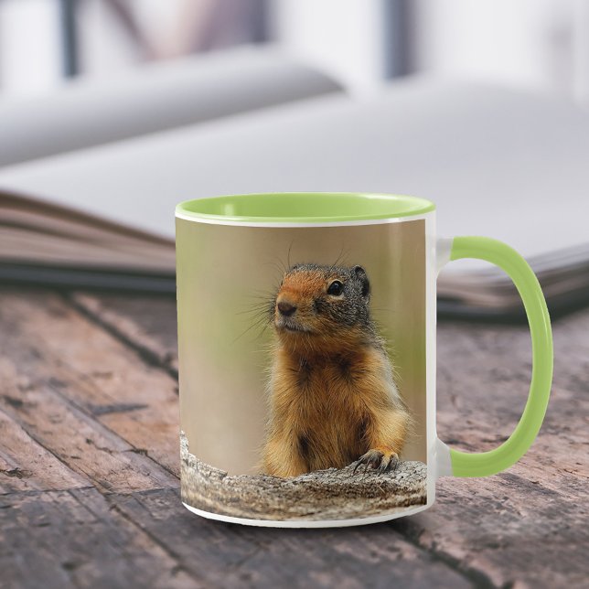 Funny Cute Saucy Columbian Ground Squirrel Mug (Curious Columbia Ground Squirrel on Log 11 oz Coffee Mug Cover Photo.)