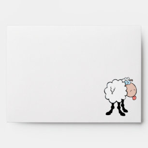 funny cute sheep sticking tongue out from behind envelope