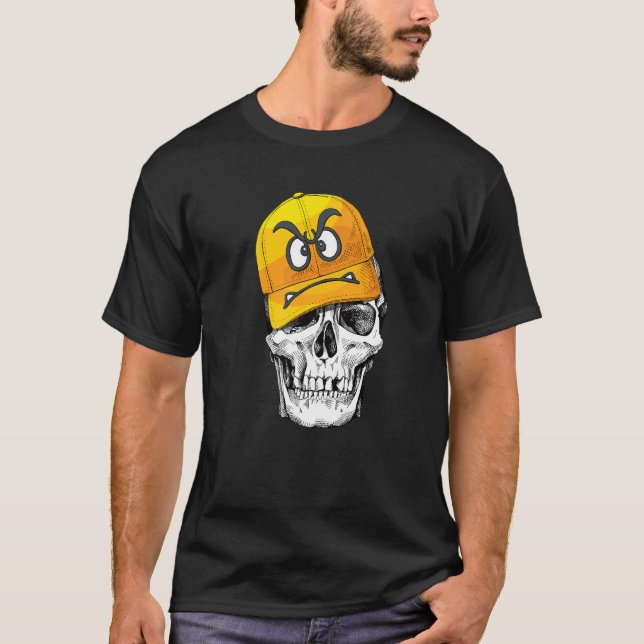 Funny Cute Skull Wears Angry Yellow Cap Graphic T-Shirt (Front)