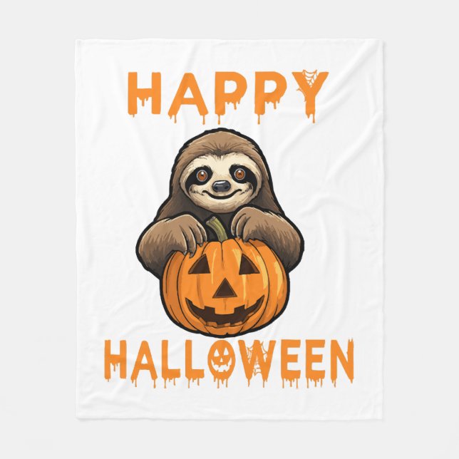 Funny Cute Sloth Holding Pumpkin Fleece Blanket (Front)