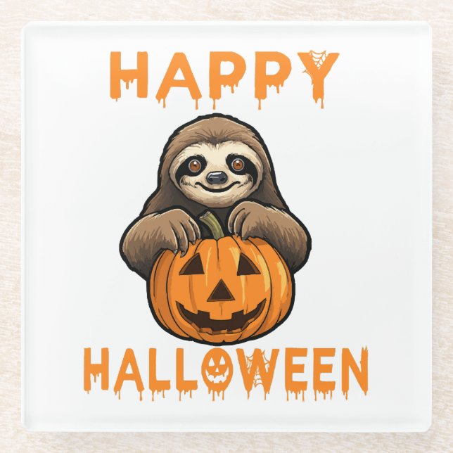 Funny Cute Sloth Holding Pumpkin Glass Coaster (Front)