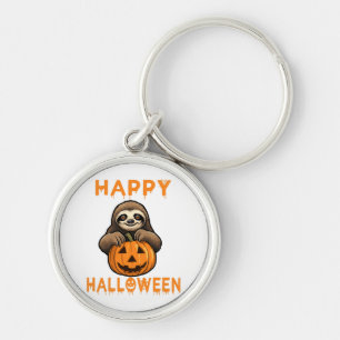 Funny Cute Sloth Holding Pumpkin Key Ring