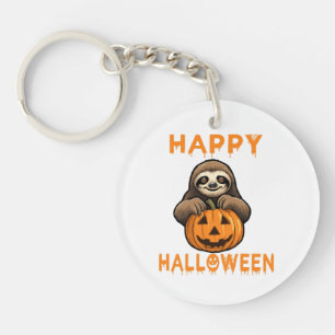 Funny Cute Sloth Holding Pumpkin Key Ring