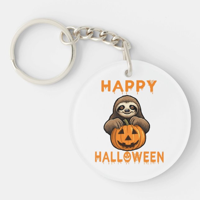 Funny Cute Sloth Holding Pumpkin Key Ring (Front)