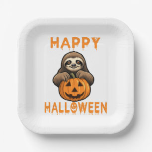 Funny Cute Sloth Holding Pumpkin Paper Plate