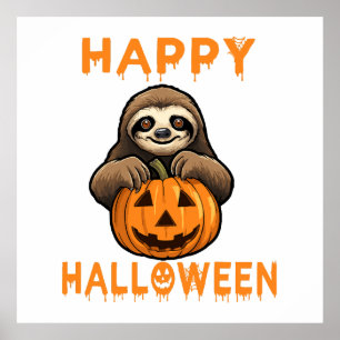 Funny Cute Sloth Holding Pumpkin Poster